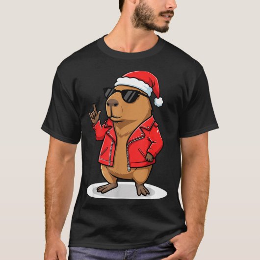 T-shirt Rock Capybara Xmas Santa Men Women Kids Funny Ugly (Devant)