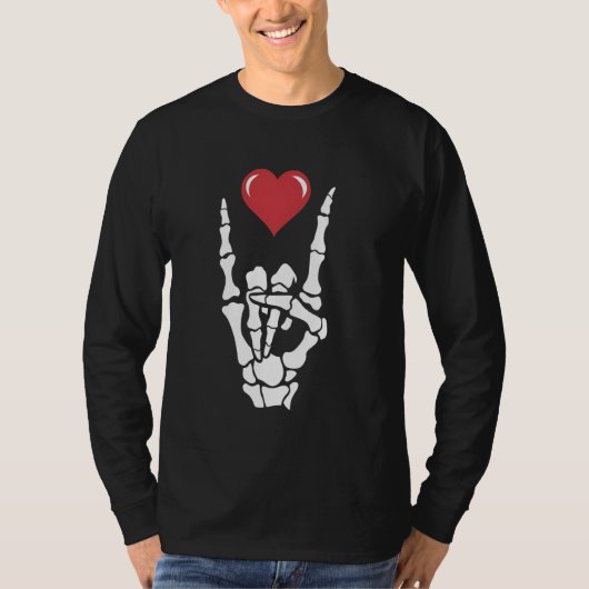 T-shirt Rock Music Lover Skeleton Hand Rock Heart Graphism (Devant)