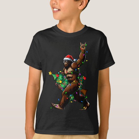 T-shirt Rock On Santa Bigfoot Christmas Tree Xmas Lights S (Devant)