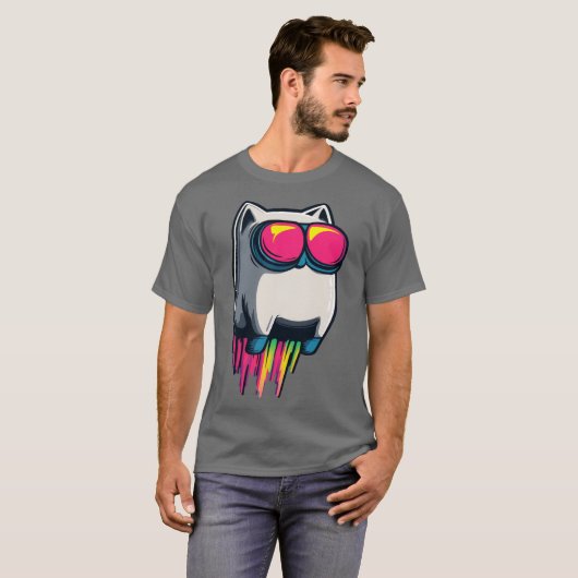 T-shirt Rocket Cat Cool Futuristic Feline with Neon Goggle (Devant entier)