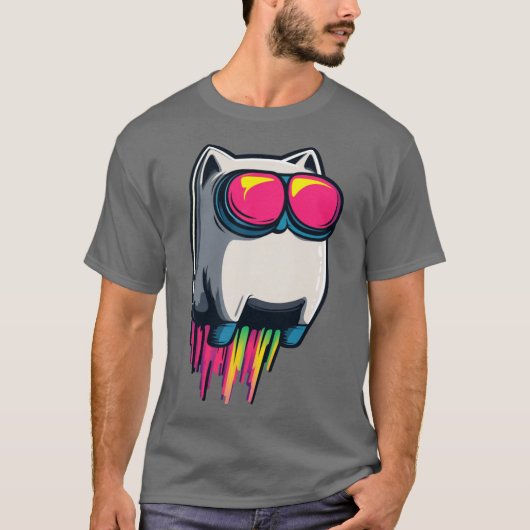 T-shirt Rocket Cat Cool Futuristic Feline with Neon Goggle (Devant)