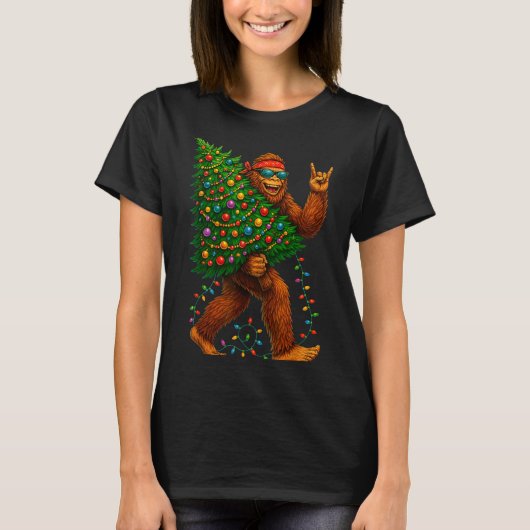 T-shirt Rockin Christmas Bigfoot Carrying Tree Fun Xmas Ro (Devant)