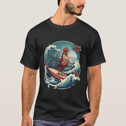 T-shirt Rooster Surfer Chicken Surf Kauai Surf Hawaiian (Devant)