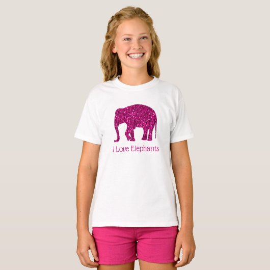 T-shirt Rose étincelant J'aime Eléphants texte personnalis (Devant entier)