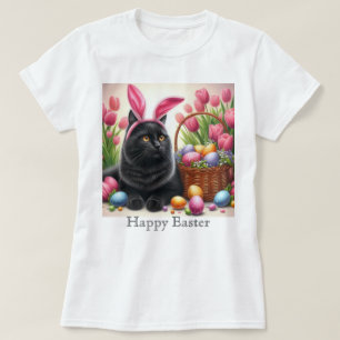 T-Shirt Rose Pâques Chat Noir Lapin Heureux