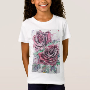 T-Shirt Rose rouge aquarelle et art de l'encre Girls T Shi