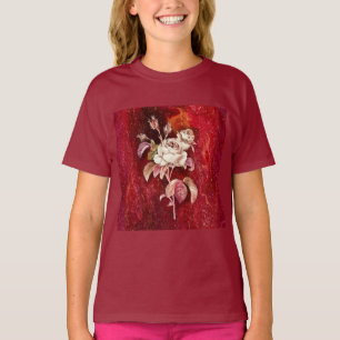 T-shirt Roses blanches sur fond texturé rouge foncé