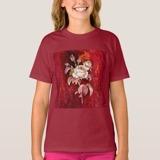 T-shirt Roses blanches sur fond texturé rouge foncé (Devant)