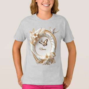 T-shirt Roses d'or blanc, soie de champagne et papillons
