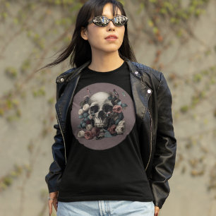 T-shirt Roses Du Crâne Et Papillons En Mauve Texturé