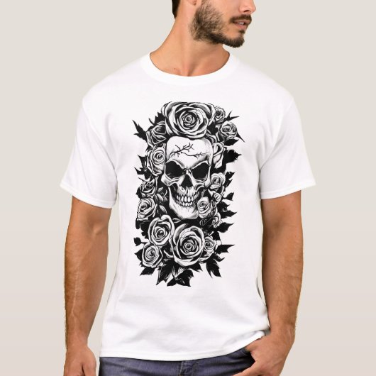 T-shirt Roses du crâne humain Goth Dessin original à l'enc (Devant)