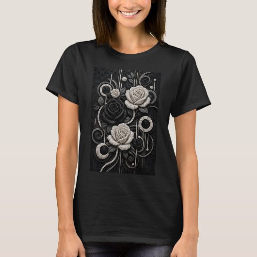 T-shirt Roses Noir & Blanc 3D Micro Mosaic (Devant)