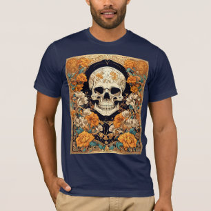 T-shirt Roses oranges entourant un crâne Art nouveau Des