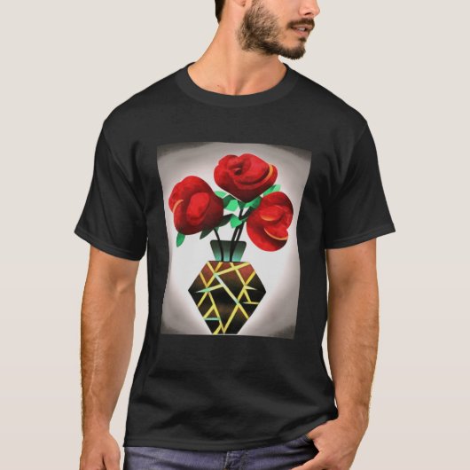 T-shirt Roses Rouge Art Déco Dans Vase Art Abstrait Pullov (Devant)