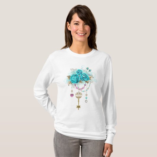 T-shirt Roses turquoise avec touches (Devant entier)