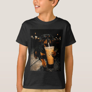 T-shirt Rottweiler Cool Buvant un Café Glacé Drôle d'Art d