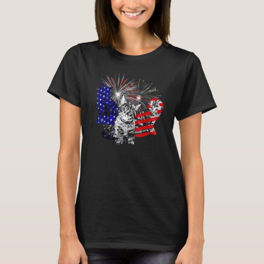 T-shirt Rouge Blanc Bleu Chat Feu d'artifice Patriotique 4 (Devant)