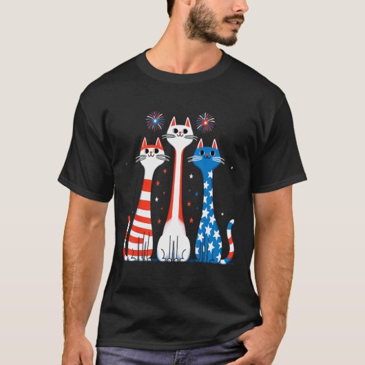 T-shirt Rouge Blanc Bleu Chats Usa Drapeau Feu 4 juillet (Devant)