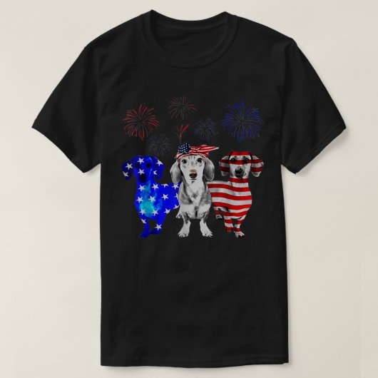 T-shirt Rouge Blanc Bleu Dachshund USA Drapeau Feu d'artif (Design devant)