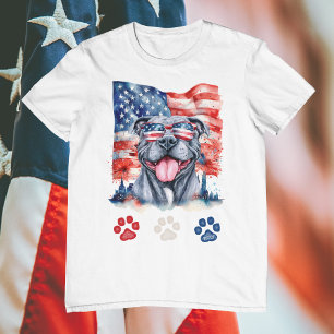 T-shirt Rouge Blanc Bleu Drôle Gris Pitbull Chien 4 Juille