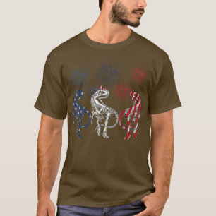 T-shirt Rouge Blanc Bleu Squelette Dinosaure Feu d'artific