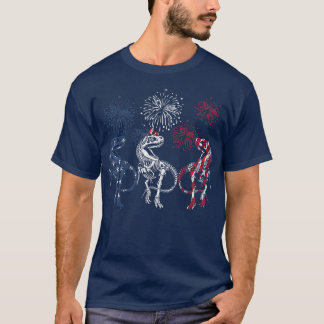 T-shirt Rouge Blanc Bleu Squelette Dinosaure Feu d'artific