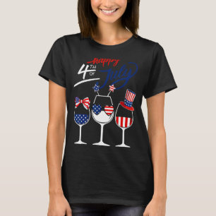 T-shirt Rouge Blanc Bleu Vin Verre Usa Drapeau Joyeux 4ème