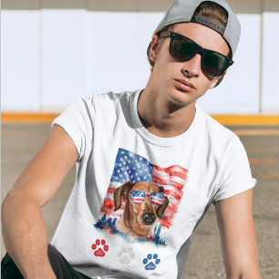 T-shirt Rouge Blanc et Bleu Chien Dachshund Mignon 14 Juil