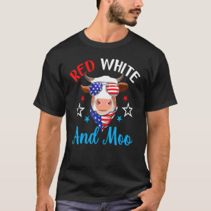T-shirt Rouge Blanc Et Moo 4 juillet Vache Usa Farmer Drap