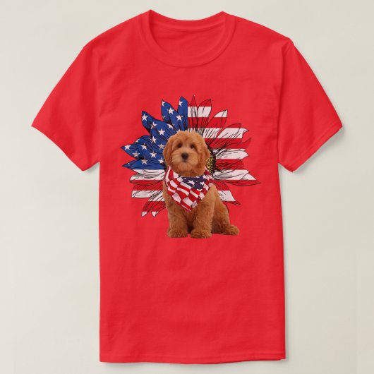 T-shirt Rouge Goldendoodle Tournesol Drapeau Américain Ind (Design devant)