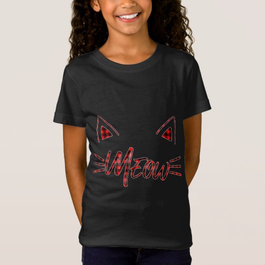 T-Shirt Rouge plaid Meow Chat Kitten Oreilles buffle assor (Devant)