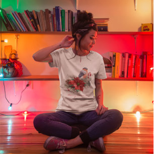 T-shirt Rouge Poinsettia Pine Cone Oiseau Joyeux Noël