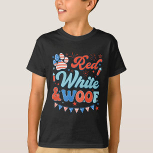 T-shirt Rouge rétro Blanc et Woof Us Drapeau Chien Paw Hap