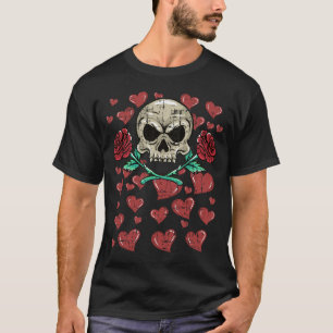 T-shirt Rouge Roses Crâne Valentines Coeurs rouges Squelet