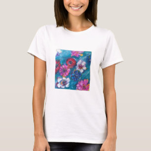 T-SHIRT ROUGE ROUGE BLANC FLEURS COLORÉES EN BLEU