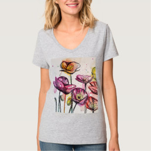 T-shirt Rouge violet rose Populaire floral aquarelle art