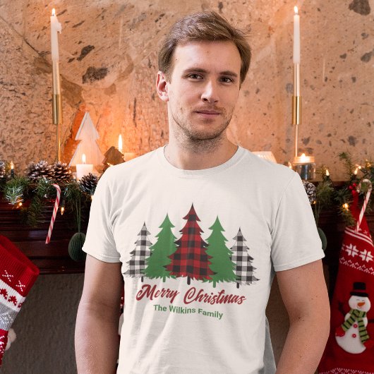 T-shirt Rouges Rustiques Plaid Joyeux Arbres de Noël Perso