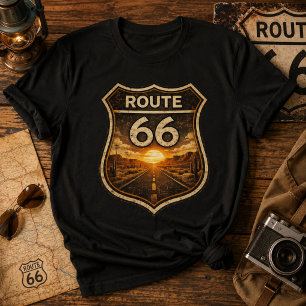 T-shirt Route 66 Vintage Coucher de Soleil Autoroute Améri