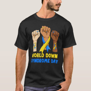 T-shirt Ruban bleu jaune mains ensemble World Down Synd