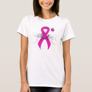 T-shirt Ruban de sensibilisation rose chaud avec papillon