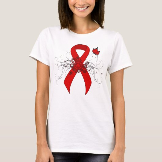 T-shirt Ruban de sensibilisation rouge avec papillon (Devant)