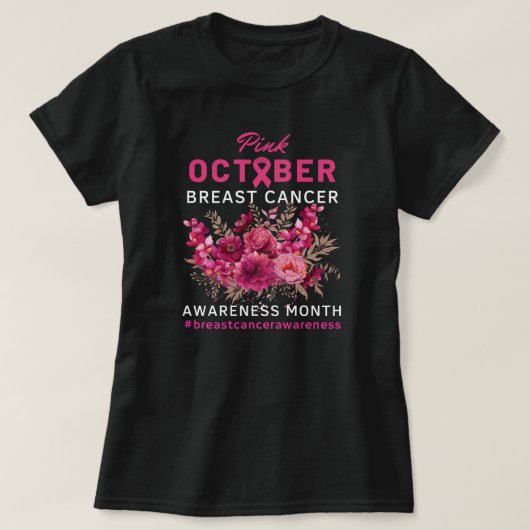 T-shirt Ruban rose floral Sensibilisation au cancer du sei (Design devant)