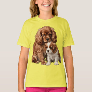 T-shirt Ruby Cavalier Spaniel et son chiot Blenheim