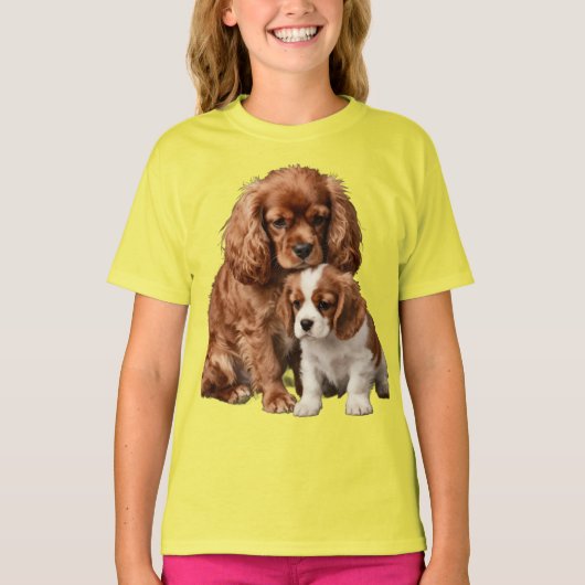T-shirt Ruby Cavalier Spaniel et son chiot Blenheim (Devant)