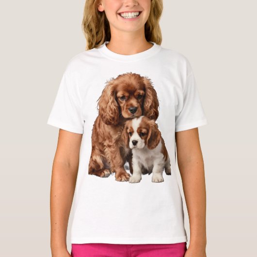 T-shirt Ruby Cavalier Spaniel et son chiot Blenheim (Devant)