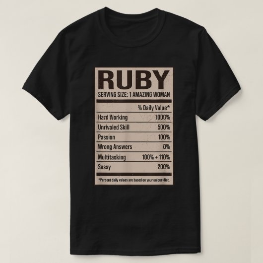 T-shirt Ruby Nutrition Facts Nom Pseudo Alias Titre Fri (Design devant)