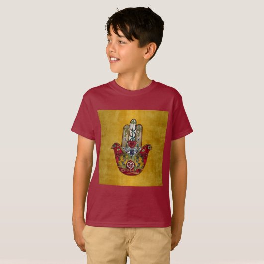 T-shirt Ruby Pomegranate Heart Red Bird Hamsa (Devant entier)