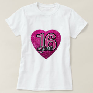 T-Shirt S M L XL Pink Heart Glitter Girls Sweet 16