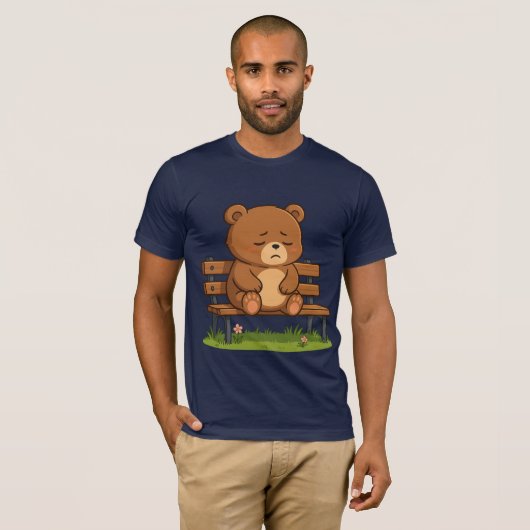 T-shirt Sad Cute Teddy Bear on Bench – Emotional Cartoon (Devant entier)