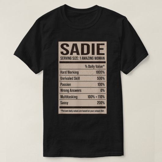 T-shirt Sadie Nutrition Facts Nom Pseudo Alias Titre Fr (Design devant)